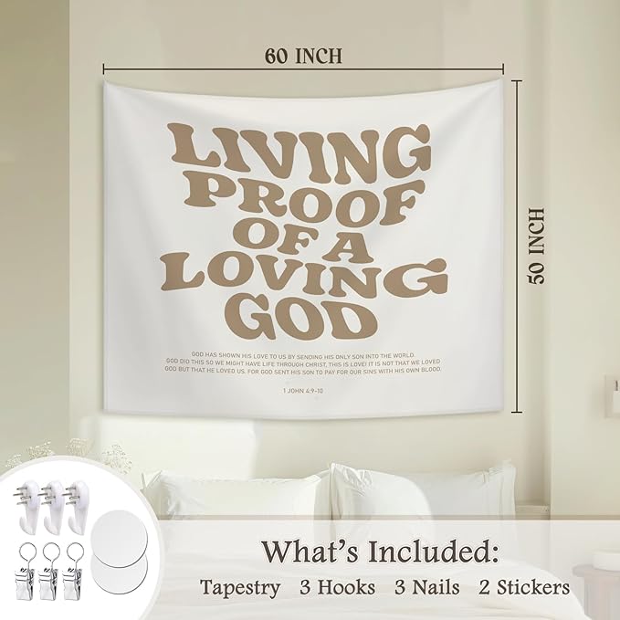 STHTTSW Christian Tapestry, Living Proof Of A Loving God Bible Verse Tapestries, Religious Scripture Wall Hanging Decor for Nursery Church Prayer Room Home Office, 50x60 Inch