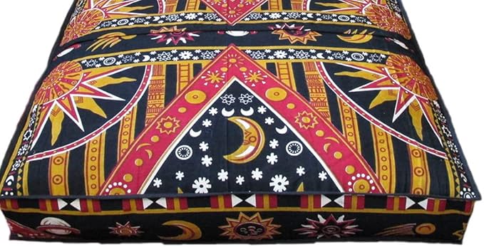 ICC Large Square Floor Pillow Cover Hippie Ottoman Pouf Cover Daybed Cotton Mandala Cushion Cover with Heavy Duty Zipper Seating Ottoman Poufs Dog-Pets Bed (Yellow Burning Sun, 35" Square)