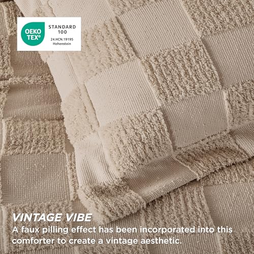 Bedsure Khaki Queen Size Comforter Set, Boho Tufted Bed Set, Checkered Farmhouse-Style Distressed Vintage Bedding, 3 Pieces, 1 Plaid Geometric Comforter and 2 Pillow Shams - color: 01 - Khaki - Tufted Checkboard, size: Queen