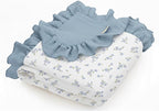 Muslin Ruffled Baby Blanket, Extra Large 52 x 52 Inches, Soft Breathable Cotton Crib Blanket for Newborn Infant Toddler (Blue Meadow-Ruffled, Printed)