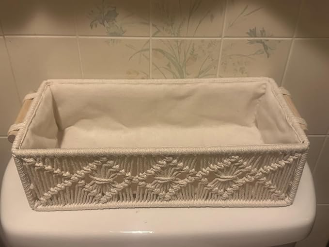 Macrame Storage Basket Boho Decor Baskets for Organizing Woven Decorative Basket for Countertop Toilet Paper Basket for Toilet Tank Top Shelf Basket with Handle for Bathroom Decor Nursery