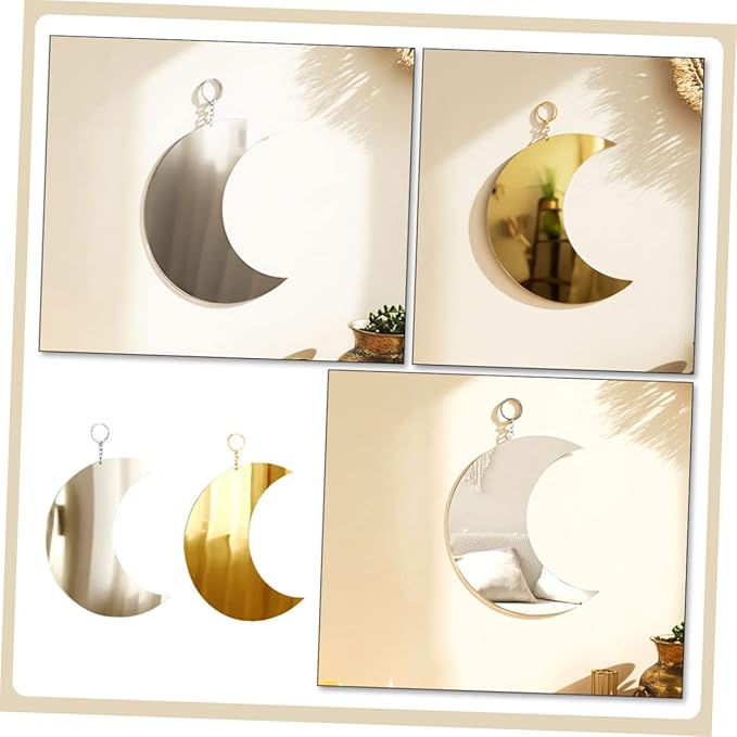 2pcs Boho Moon Mirror Wall Decor Acrylic Decorative Hanging Mirrors for Bedroom and Lounge Stylish Wall Art with Gold Silver Finish Space-Saving Home Decoration