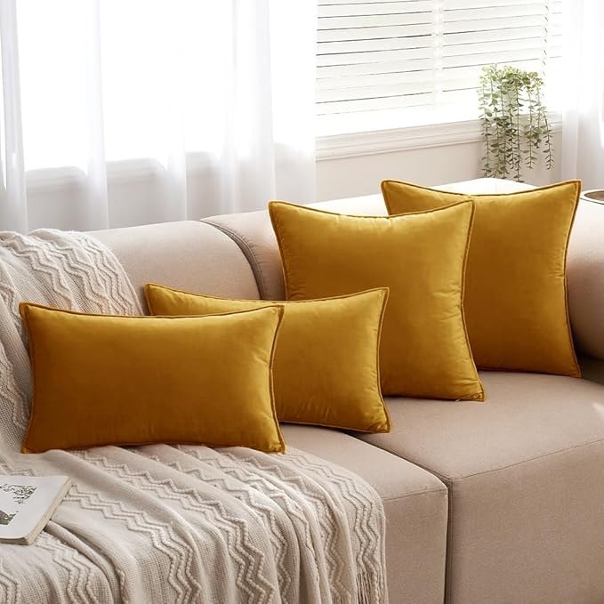 MIULEE Mustard Yellow Velvet Throw Pillow Covers 18x18 Soft Decorative Solid Square Cushion Cases Pack of 2 Modern Luxury Home Decor for Couch, Sofa, Bedroom