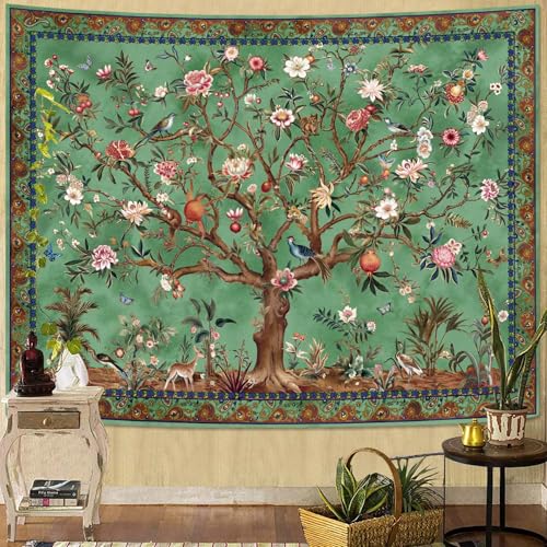 Faxdong Boho Tree of LIfe Tapestry, Vintage Flower Leaves Birds Plant Animal Pattern Tapestries, Retro Indian Bohemian Aesthetic Wall Hanging Green 60×80 inch - color: Green, size: 80"L x 60"W