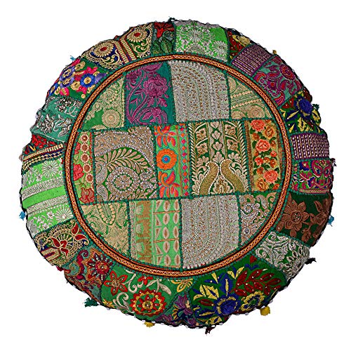 Rajasthani Handmade Colorful Decorative Floor Pillow Cover Meditation Patchwork Patchwork Cushion Seating Accent Boho Chic Indian Handmade Cover ONLY (Green, 32X32 Inches) - color: Green