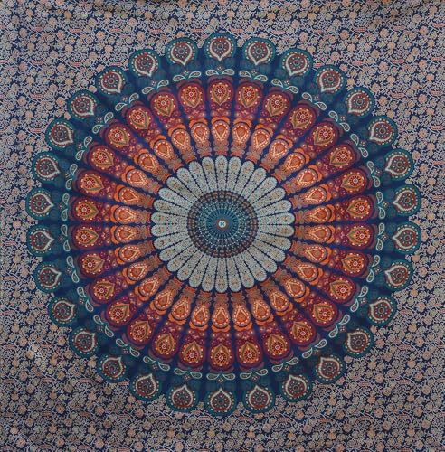 Bless International Handmade Indian hippie Bohemian Psychedelic Peacock Mandala Wall hanging College Dorm Beach Throws Table Cloth Bedding Tapestry (Blockbuster, Medium(54x60Inches)(137x152cms)) - color: Blockbuster, size: 60"L x 54"W