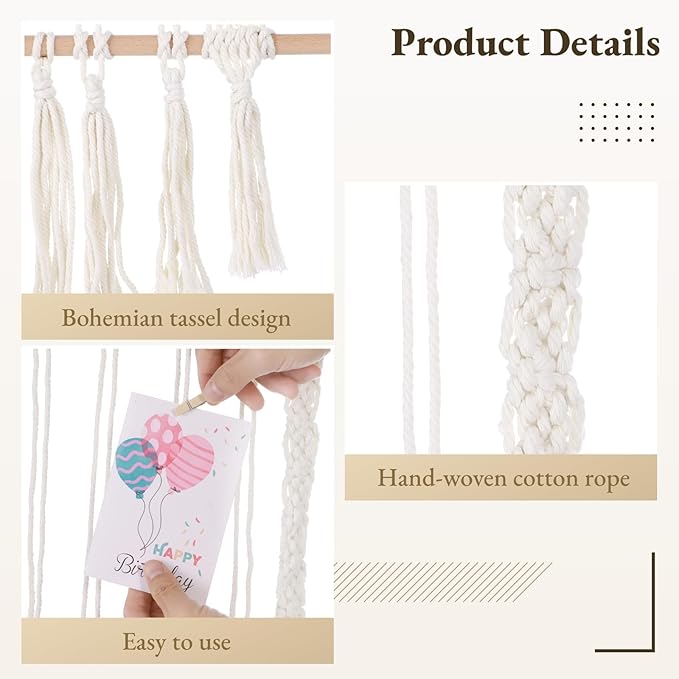Joyibay Macrame Hanging Photo Display, Boho Wall Decor with Tassel Design, Includes 30 Wood Clips, Picture Card Holder for Room Bedroom Dorm Decoration, Ideal Teenage Christmas Birthday Gifts