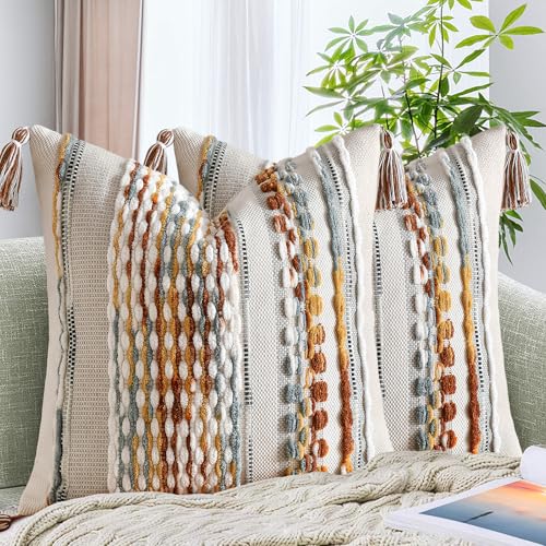 AmHoo Set of 2 Chenille Striped Textured Boho Throw Pillow Covers Aesthetic with Tassels Woven Decorative Pillow Case for Couch Bed Sofa Bedroom Modern Funky 18 x 18-Inch Brown - color: Brown, size: 18" x 18" (Pack of 2)