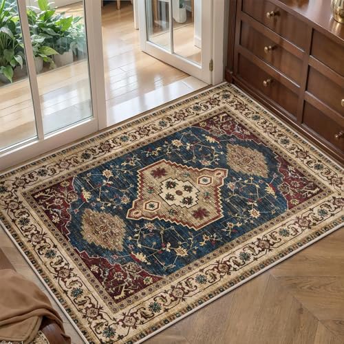 Tangsoo Oriental 2x3 Washable Rugs, Vintage Non Slip Small Area Rug, Indoor Front Door Rug for Entryway, Door Mat Indoor Entrance Soft Low Pile Throw Rugs for Entry Kitchen Bedroom Dark Blue Beige - color: Dark Blue/Beige, size: 2' X 3' (Rectangular)