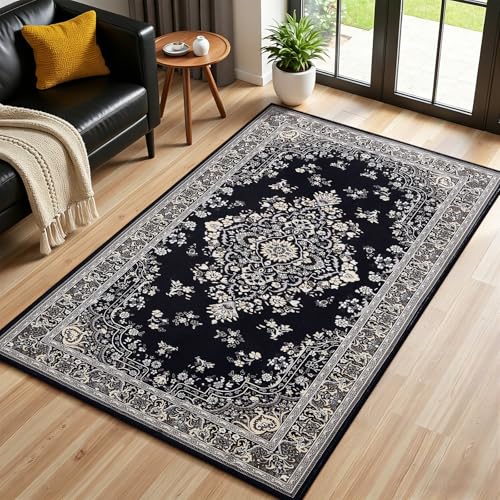 HOMORE Black Rug 3x5 Entryway Rugs, Washable Non Slip Rug for Bedroom Living Room Vintage Floral Rugs for Kids Room, Indoor Carpet for Kitchen Farmhouse Home Office - color: Black, size: 3' x 5' (Rectangular)