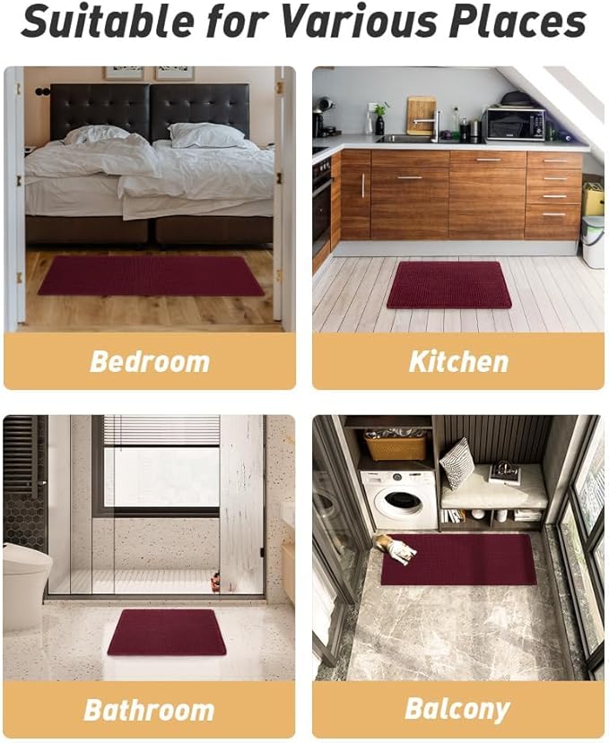 Upgraded Waffle Runner Rug, Super Absorbent Non Slip Bath Mats for Bathroom Floor, Washable Bathroom Runner Rug with Tassels, Ideal for Hallway Bedroom Laundry Room, Burgundy, 2'x 5'(24" x 60")