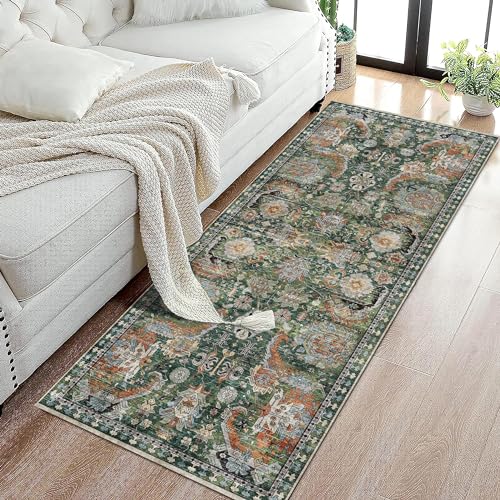 RUGSURE Washable Area Rugs - Perfect for Living Room, Bedroom, Kids Room, Nursery - Stain & Water Resistant Non-Slip, Pet & Child Friendly, Vintage Tribal Area Rugs (Green, 2'6'' x 8') - color: Green, size: 2'6" x 8' (Rectangular)