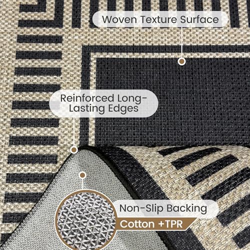 Washable Striped Easy Jute Rug 5x7, Modern Geometric Outdoor Indoor Patio Farmhouse Large Bordered Rugs, Woven Non Slip Thin Carpet Mat for Living Dining Room Bedroom Classroom Kids Nursery - color: Striped Black, size: 5' x 7'