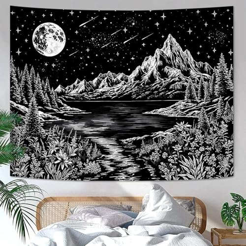 Zussun Black and White Mountain Forest Tapestry for Bedroom Aesthetic Dark Nature Lake Landscape Tapestries Wall Hanging Moon and Stars Wall Tapestry for Living Room Dorm 60 × 44 Inch - color: Black Lake, size: 60"L x 44"W