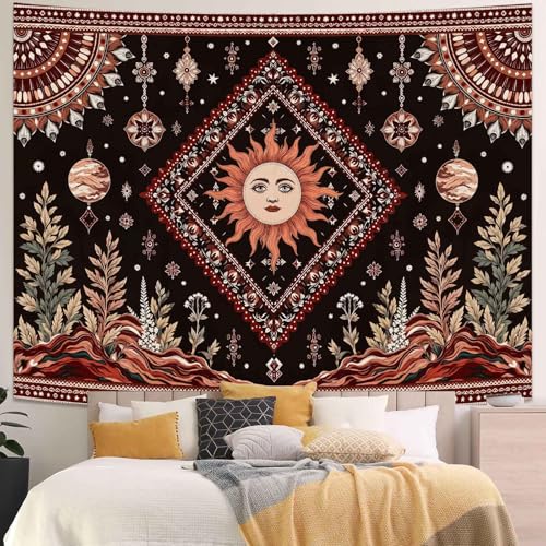 Kanuyee Bohemian Sun and Moon Wall Tapestry, Celestial Mystical Tapestries for Room Decor, Nature Landscape Tapestry 80"x60" - color: Brown Red, size: 80"L x 60"W