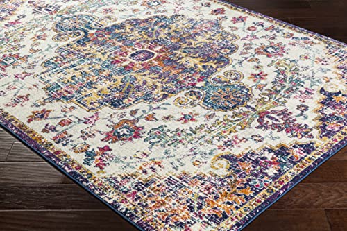 Hauteloom Kaleidoscope Area Rug - Medallion Floral Distressed Border Abstract - Traditional Oriental Boho Transitional Turkish - Beige, Mustard, Medium Gray, Blue, Cream - 2' x 2'11" - color: Beige, Mustard, Medium Gray / Okarche, size: 1'11" x 2'11" (Rec
