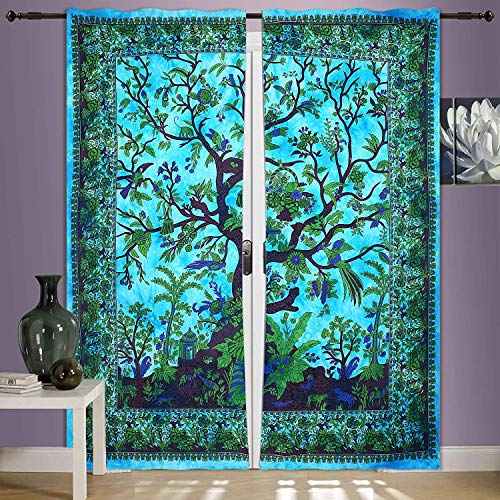 Indian Mandala Window Door Curtain Decor Room Wall Drapes Panel Sheer Tourquoise Tree of Life Mandala Bohemian Curtain Set Cotton Window Treatment Door Hanging - color: Turquoise & Green, size: 52"W x 82"L (Pack of 1)