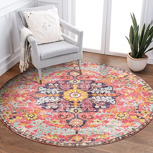 Lahome Bohemian Floral Medallion Round Rug - 3Ft Small Hot Pink Round Area Rug for Girls Bedroom Nursery Mat, Boho Washable Soft Indoor Throw Entryway Carpet for Living Room Office Coffee Table - color: Fuchsia/Multi, size: 3' (Round)
