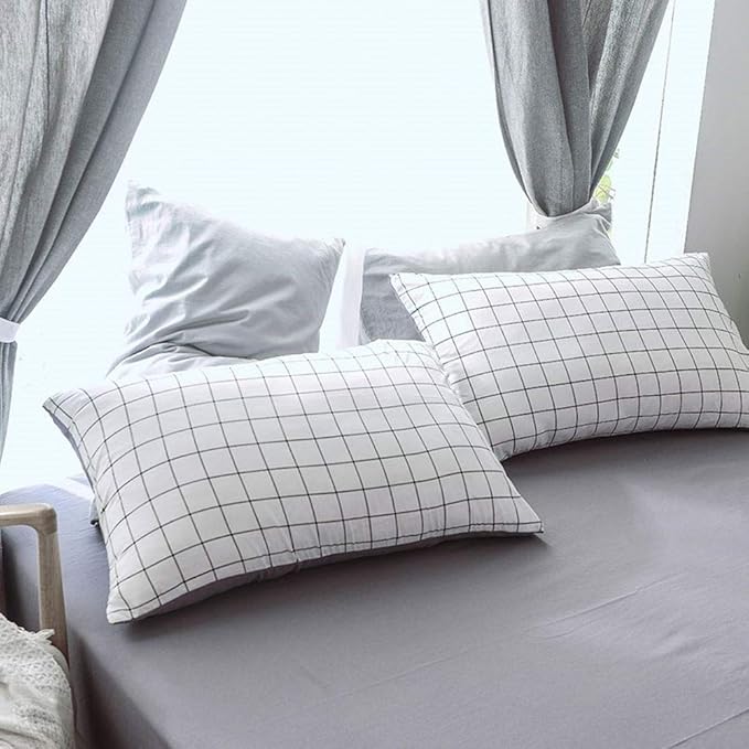 Nanko Grid Bed Pillow Case Set (2 Pack), White Grid Plaid Geometric Pattern Printed Pillowcases/Pillow Shams for Modern Duvet Cover/Bed Sheets Set- 20x30 inch Standard Queen Size