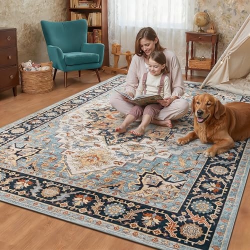 Foxmas 5x7 Area Rugs for Living Room, Machine Washable Vintage Rug, Non-Slip Low Pile Throw Rugs with Rubber Backing Washable Carpet for Bedroom Dining Room Kitchen Home Decor, Wood & Blue - color: Wood & Blue, size: 5' X 7' (Rectangular)