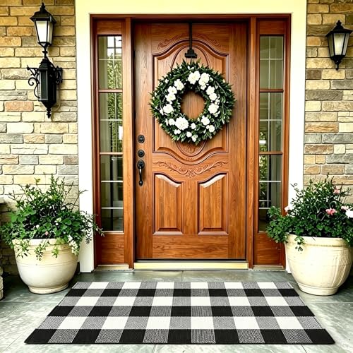 MUBIN Cotton Buffalo Plaid Rug, 24x52 Black and White Outdoor Rug Front Door Decorative Mat, Washable Doormat Foldable Area Rug Layered Door Mats Rug for Front Porch, Entryway, Patio - color: Black White Plaid, size: 2' x 4'4" (Rectangular)