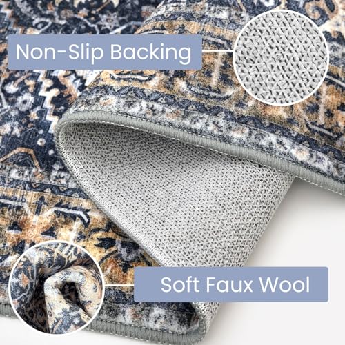 KOZYFLY Small Area Rug 2x3 Ft Rugs for Entryway Washable Boho Entry Rug Non Slip Door Mat Indoor Gold/Orange/Navy Printed Faux Wool Vintage Kitchen Rug Throw Rugs for Entrance - color: Gold/Orange/Navy, size: 2' x 3' (Rectangular)