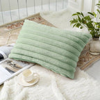 decorUhome Summer Cozy Faux Fur Throw Pillow Covers 12x20 Set of 2 Decorative Soft Plush Striped Lumbar Modern Farmhouse Boho Couch Pillow Cases with Velvet Back for Sofa Bed Living Room, Sage Green