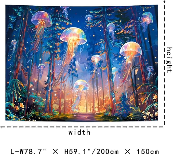 Racunbula Blacklight Forest Jellyfish Tapestry UV Reactive Nature Tree Tapestry Trippy Fantasy Starry Sky Tapestries Aesthetic Jungle Plants Tapestries Wall Hanging for Bedroom