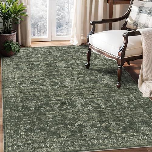 3x5 Washable Area Rugs for Living Room, Vintage Boho Large Rug for Bedroom Dining Room Office, Distressed Floral Print Carpet for Under Table, Soft Non Slip Low Pile Throw Carpet Indoor Mat, Green - color: Dark Green, size: 3' x 5' (Rectangular)