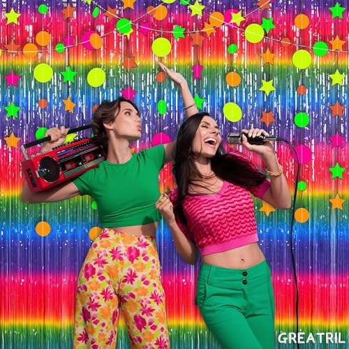 Gradient Colorful Party Streamers Backdrop Decorations - GREATRIL Rainbow Party Backdrop Curtains for VBS/Candyland/Birthday/Neon Glow/Graduation 2026/Disco/Bachelorette Themed - 1m x 2.5m - Pack of 2 - color: Gradient Rainbow