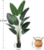 Artificial Bird of Paradise Plants 5Ft Fake Tropical Palm Tree with 10 Trunks in Pot and Woven Seagrass Belly Basket Perfect Faux Plant for Home Indoor Outdoor Office Modern Decor Green