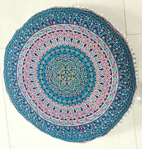 INDIAN CRAFT CASTLE 24" Brown Peacock Mandala Barmeri Large Floor Pillow Cover Cushion Meditation Seating Ottoman Throw Cover Hippie Decorative Zipped Bohemian Pouf Ottoman Pom Pom Cases 24" Round - color: Brown, style: 24 Inch Round