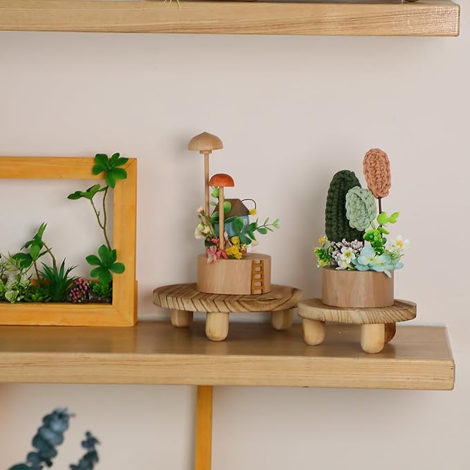 Sintuff 4 Pack Mini Wooden Plant Stool Display Wood Cake Stand 12/10/8/6 Inch Round Plant Risers Holder for Flower Pot Wooden Stool Indoor Outdoor Wood Stand(Beige)