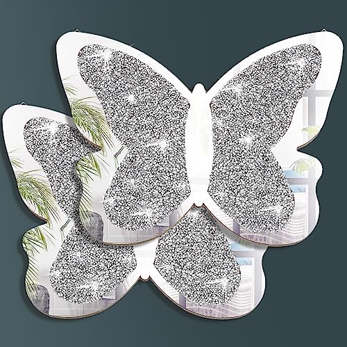 Vesici 2 Pieces Butterfly Shaped Mirror Crystal Crushed Diamond Silver Mirror Silver Wall Decor for Living Room Modern Decorative Artwork for Nursery Wedding Decor(19.69 x 14.57 Inch) - size: 20 x 12.6 Inch