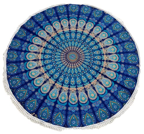 Round Beach Tapestry Mandala Boho Hippie Blanket Indian Cotton Bohemian Large Table Cloth Home Decor Yoga Mat Meditation Picnic Rug Throw Hippy Boho Gypsy Tablecloth Roundie (42 Inches, Blue) - color: Blue, size: 42"L x 42"W