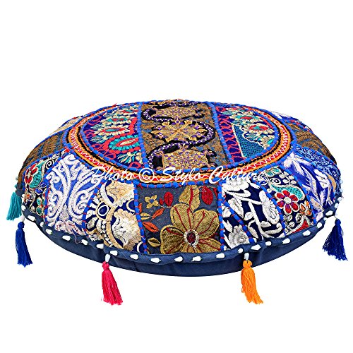 Indian Kids Floor Pillow Vintage Bohemian Patchwork Round Cushion Cover Dark Blue Small Throw Pillow Covers 18 x 18 Decorative Decor Tuffet Cover Footstool Cotton Embroidered 1 Pc - color: Dark Blue