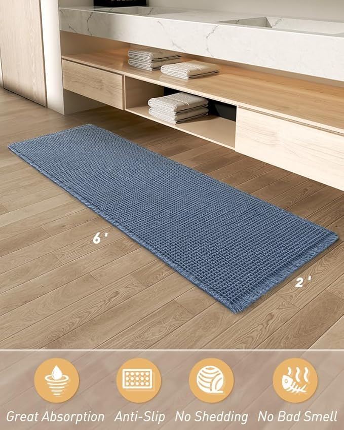 AMOAMI Upgraded Waffle Runner Rug Super Absorbent Non Slip Bath Mats for Bathroom Floor Washable Bathroom Runner Rug with Tassels, Ideal for Hallway Bedroom Laundry Room, Blue, 2' x 6'(24" x 72")