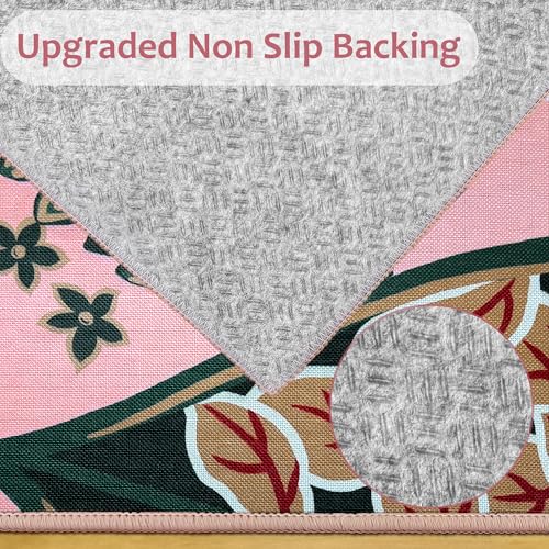 Tyrot Pink Boho Floral 2x3 Washable Kitchen & Entryway Rug Ultra-Thin Flat Woven Low-Pile Botanical Butterfly Area Rug Non-Slip Indoor Door Mat for Bathroom Bedroom - color: Boho Rose, size: 2' x 3' (Rectangular)