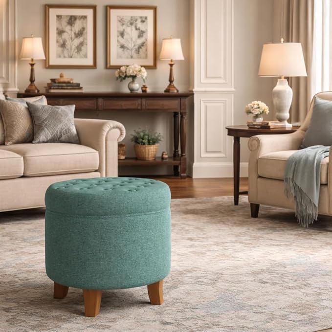 HomePop by Kinfine Fabric Upholstered Round Storage Ottoman - Button Tufted Ottoman with Removable Lid, Teal Woven