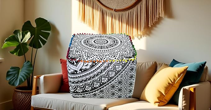CRAFT KALA Large Hippie Mandala Meditation Floor Ottoman Pillow Cushion Pouf Cover Square Poufs Cover Bohemian Floor Cushion Case Outdoor Fireplace Yoga Living Room Decor 18X18X14 inches, Grey Ombre