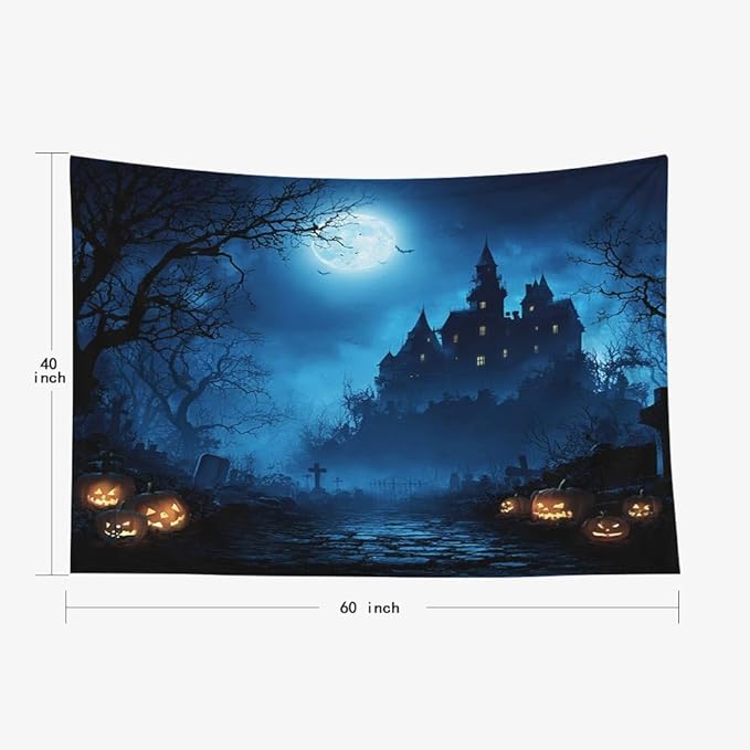 EMMTEEY Halloween Tapestry Night Forest Pumpkins Horror Castle Ceiling Tapestry 60X40 Small Wall Art for Bedroom Living Room Fall Backdrop