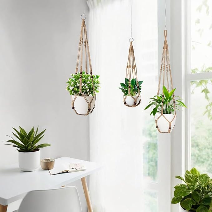 1 Pack Macrame Plant Hanger,Hanging Plant Holder, Boho Home Decor Hanging Basket with Wood Beads,Hanging Planters for Indoor Plants,Plant Hanger Indoor 43" Ivory (POTS NOT Included)