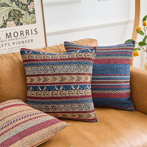 Couch Colorful Stripe Boho Throw Pillow Cover 18X18 Inch Set of 4 Farmhouse Decorative Vintage Pillow Cases Textured Cushion Pillows Covers for Sofa Living Room Bedroom Outdoor Patio Porch - color: Ethnic Weave, size: 18" x 18" (Pack of 4)