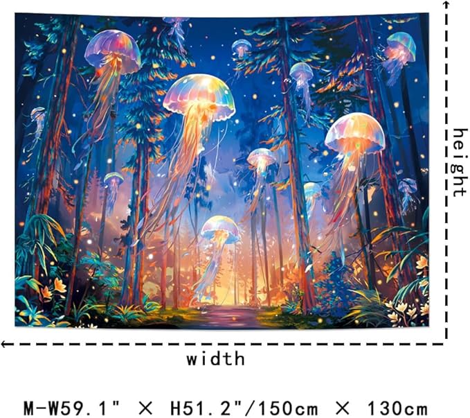 Racunbula Blacklight Forest Jellyfish Tapestry UV Reactive Nature Tree Tapestry Trippy Fantasy Starry Sky Tapestries Aesthetic Jungle Plants Tapestries Wall Hanging for Bedroom