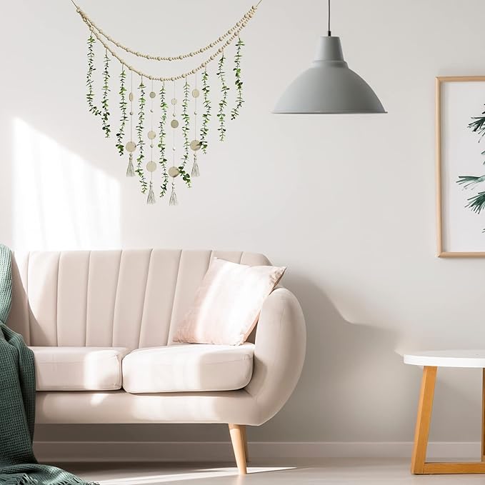 Hanging Eucalyptus Boho Wall Decor Large Boho Bedroom Wall Hanging Wooden Bead Garland Artificial Eucalyptus Natural Greenery Decoration, 36 x 36 Inch (Simple Color, Wood Chip Style)