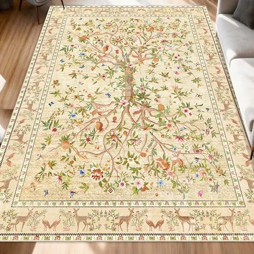 5x7 Area Rugs, Machine Washable Non-Slip Rug, Boho Floral Botanical Soft Low Pile Throw Rugs for Living Room, Bedroom, Dining Room, Office (Beige) - color: Beige, size: 7' x 5' (Rectangular)