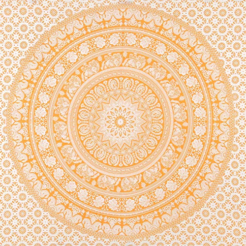RAJRANG Elephant Mandala Tapestry Cotton Wall Hanging Hippy Tapestries Hippie Beach Throw College Dorm Decor Bohemian Boho Bedsheet - Orange - Queen - 90x84 inches - color: Buff orange, size: 90"L x 84"W