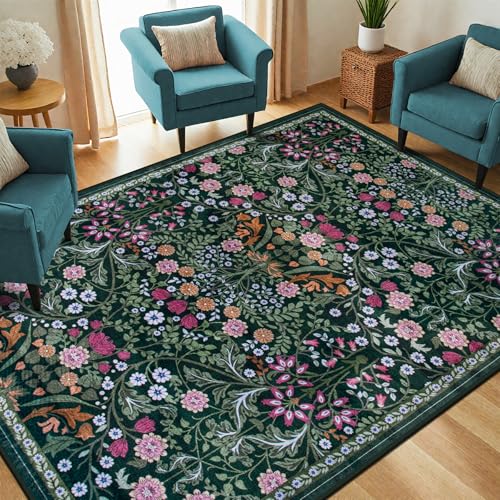 6x9 Area Rugs for Living Room: Floral Washable Rug Vintage Large Soft Boho Non-Slip Carpet Indoor Stain Resistant Thin Carpets for Bedroom Dining Room Farmhouse Nursery Hallway Home Office Dark Green - color: Dark Green, size: 6' x 9' (Rectangular)