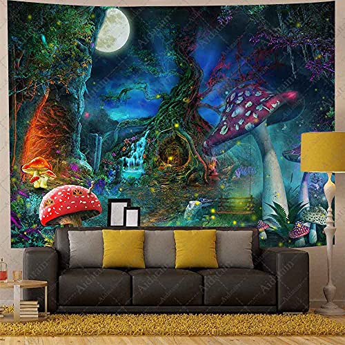 Aidatain Fantasy Mushroom Forest Tapestry for Teen Girl Magical Tree of Life House Full Moon Wall Hanging Fairy Tale World Tapestries Flannel Large Size 80" 60" Wall Decor Bedroom Living Room GTCCAT1 - color: Colorful