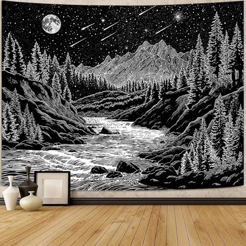 Zussun Black and White Forest Mountain Tapestry for Bedroom Aesthetic Dark Nature Pine Trees Stream Tapestries Wall Hanging Moon and Stars Wall Tapestry for Living Room Dorm 48 × 36 Inch - color: Black Stream, size: 48"L x 36"W